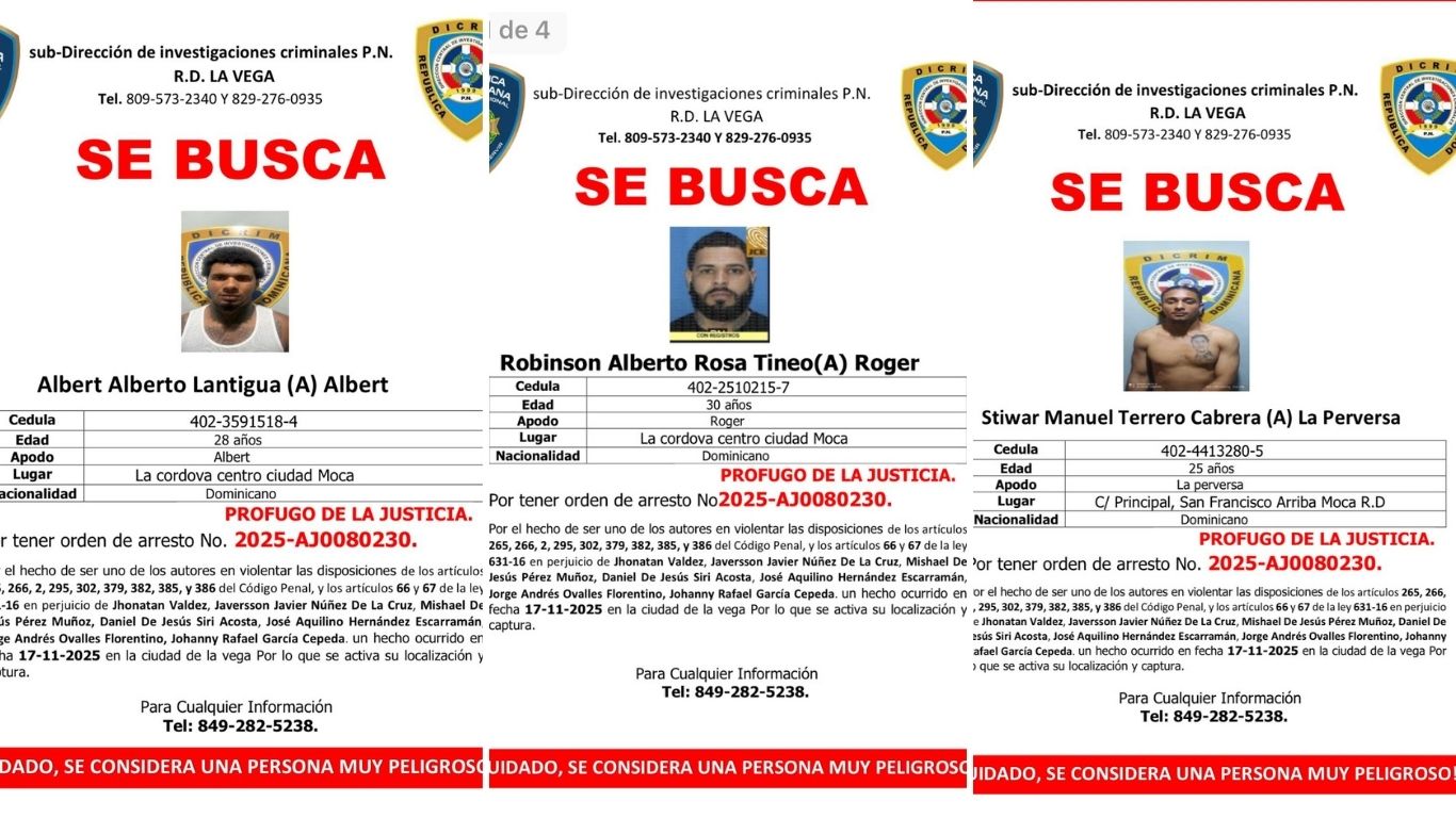 Policía Nacional de La Vega emite alerta y activa búsqueda de tres hombres señalados en caso ocurrido el 17 de noviembre