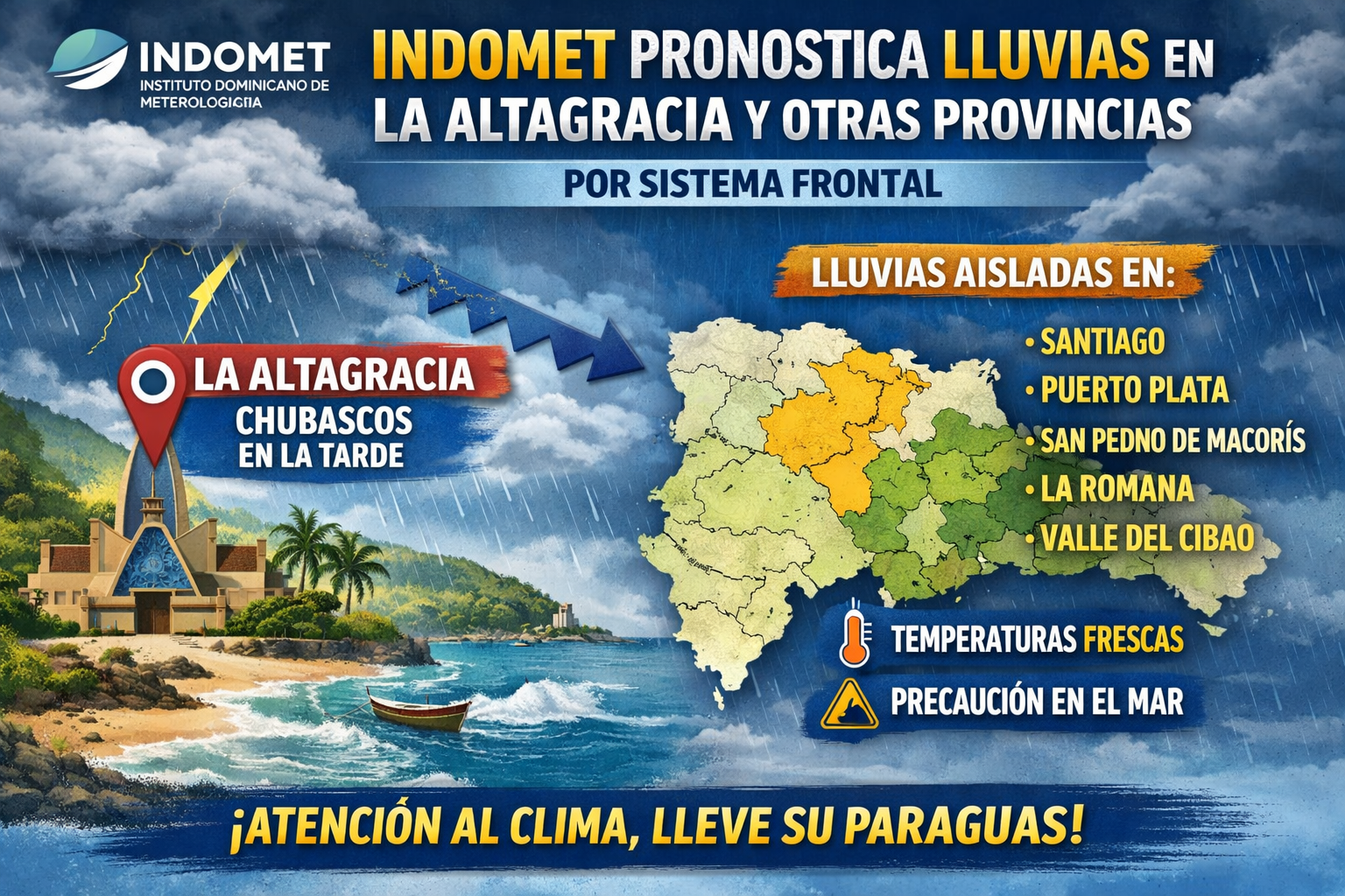 INDOMET pronostica lluvias aisladas en La Altagracia y otras provincias por sistema frontal