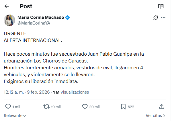 María Corina denuncia que «hombres armados» se llevaron a Juan Pablo Guanipa tras ser excarcelado | 3 | María Corina denuncia que «hombres armados» se llevaron a Juan Pablo Guanipa tras ser excarcelado - Noticias de hoy en República Dominicana | De Último Minuto