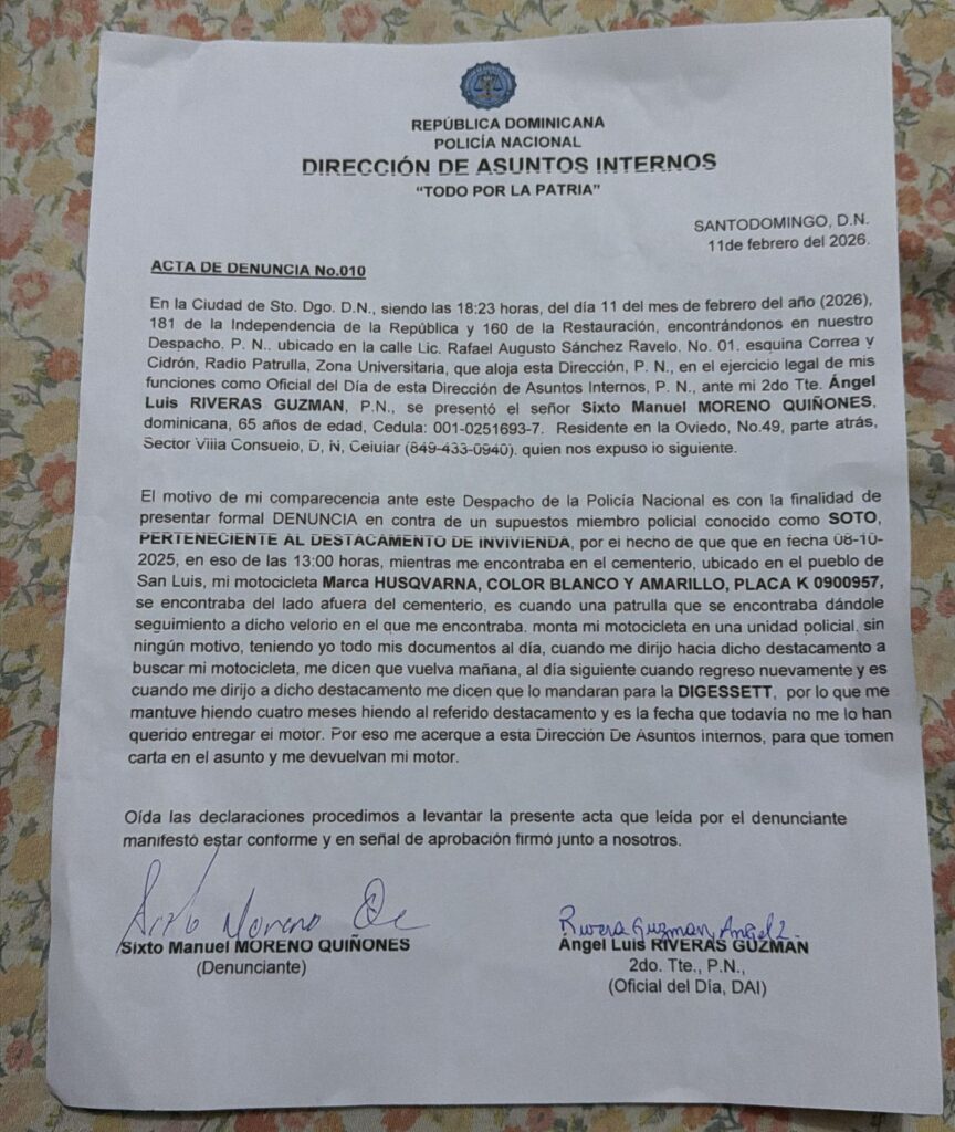 Ciudadano asegura la Policía Nacional retiene su motocicleta por presunto interés del hijo de un General - Noticias de hoy en República Dominicana | De Último Minuto